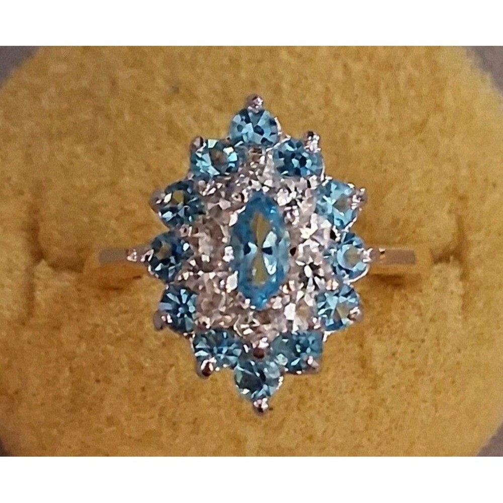 Blue marquise-cut & round clear cubic zirconia stone cluster gold plated...